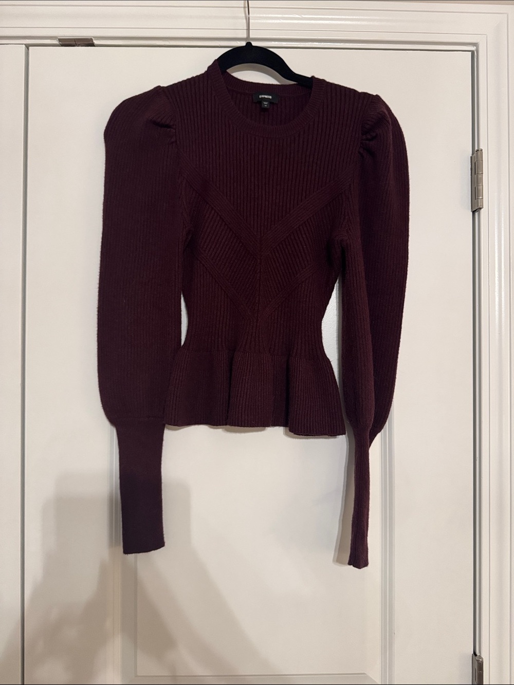 Express Burgundy Ribbed Peplum Puff Sleeve Sweater